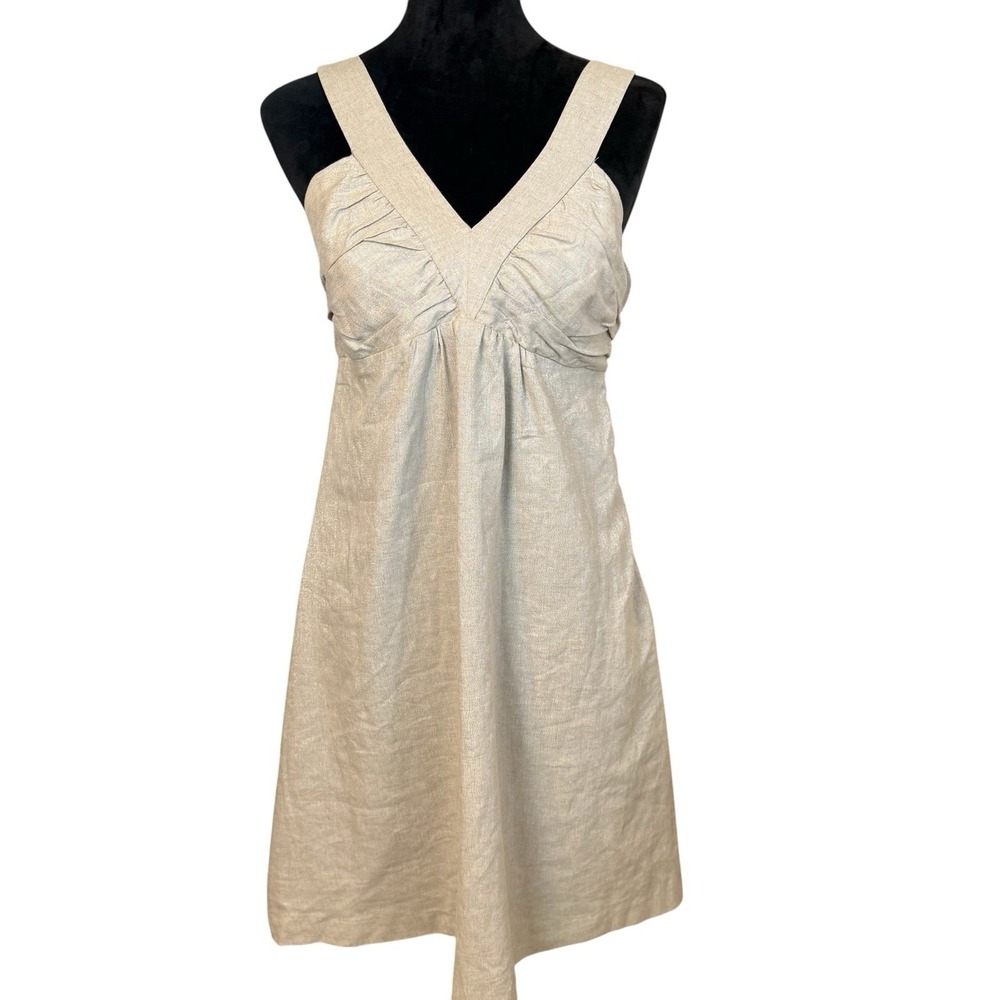 Carole Little Beige Metallic Y2K Babydoll Linen Blend Dress Size 4 Beach Resort